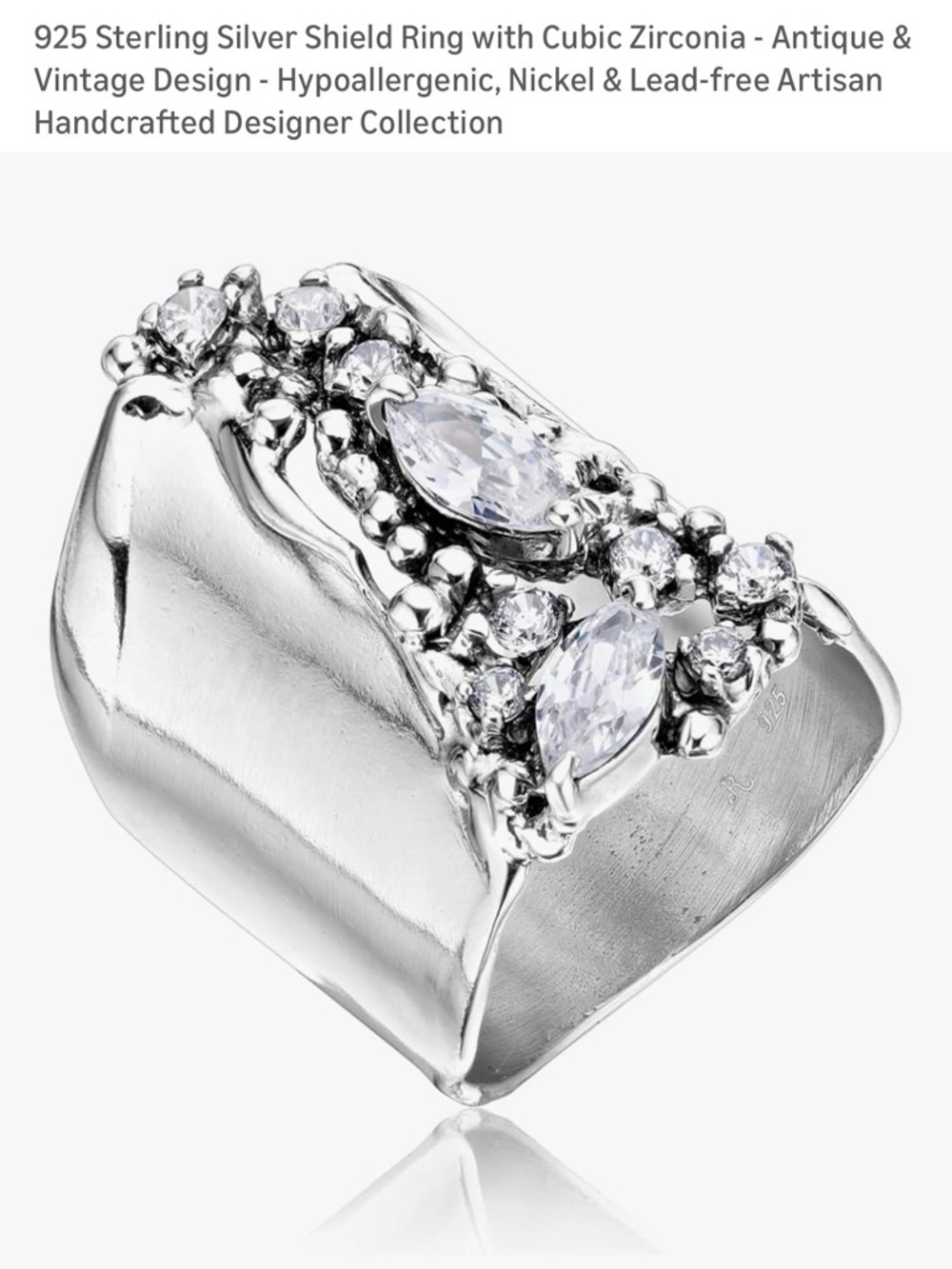 Sterling Silver Shield Ring with Clear Cubic Zirconia - Silver